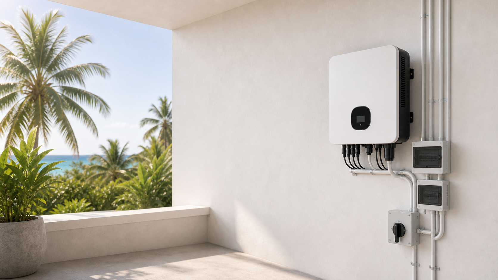 Inverter and electrical installation with tropical backdrop